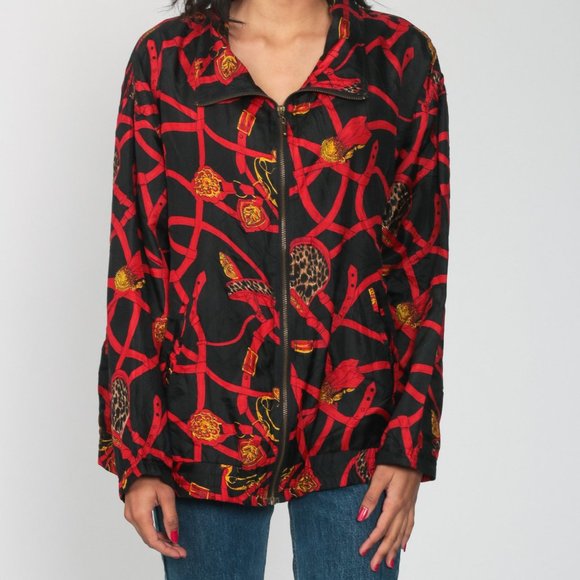 EVR Vintage 100% Silk Gold Accessories Gold Belts Print Red Zip Up Bomber Jacket - Picture 5 of 12